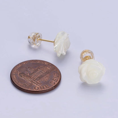 14K Gold Filled White Rose Flower Bud Shell Stud Earrings