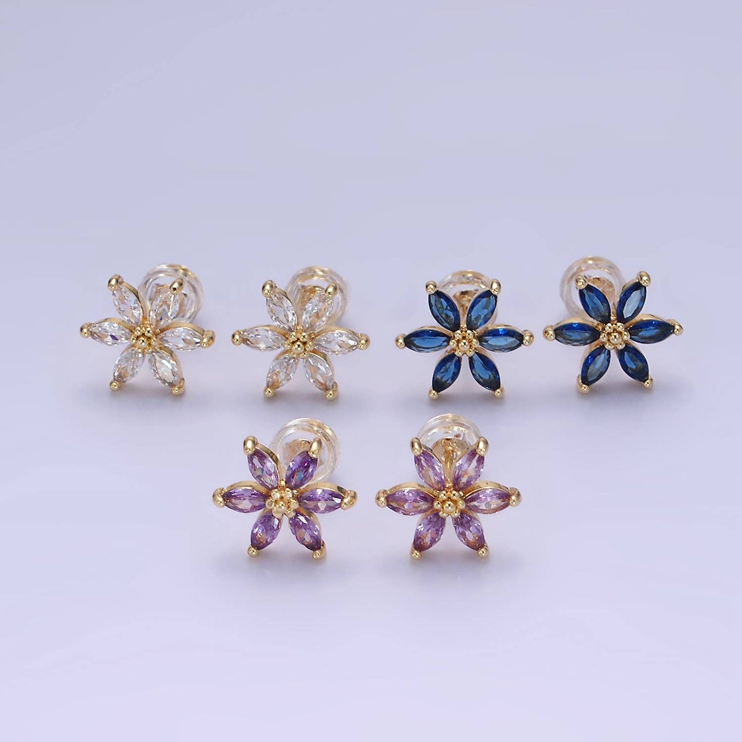 14K Gold Filled Clear, Purple, Blue CZ Flower Stud Earrings