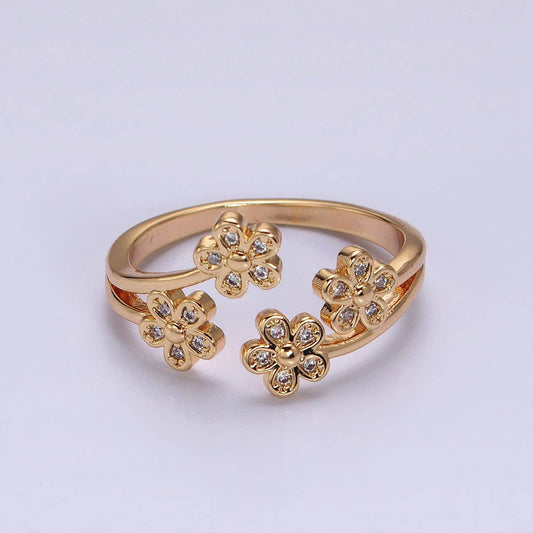 16K Gold Filled Multiple Daisy Flower Clear CZ Open Adjustable Ring