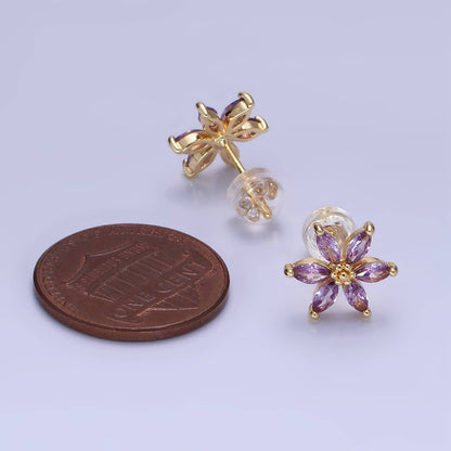 14K Gold Filled Clear, Purple, Blue CZ Flower Stud Earrings