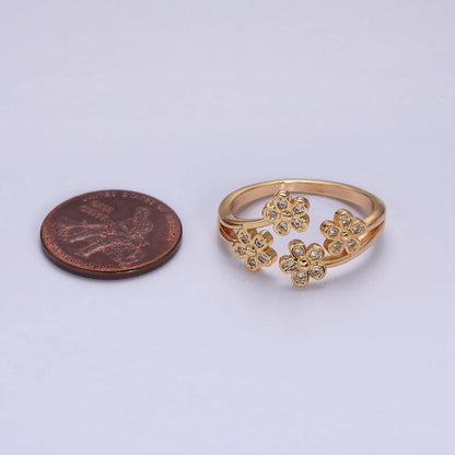 16K Gold Filled Multiple Daisy Flower Clear CZ Open Adjustable Ring