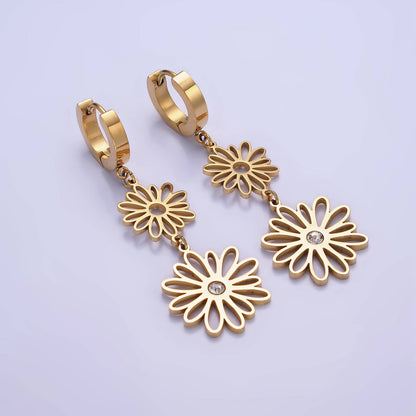 Stainless Steel Double Flower Petal Lined Earrings