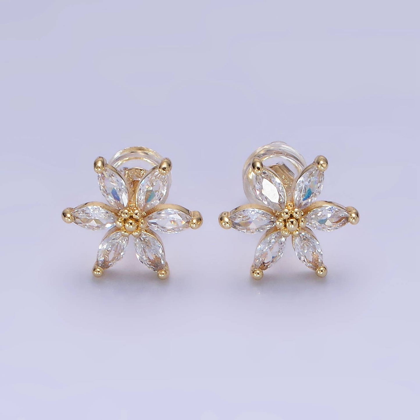 14K Gold Filled Clear, Purple, Blue CZ Flower Stud Earrings