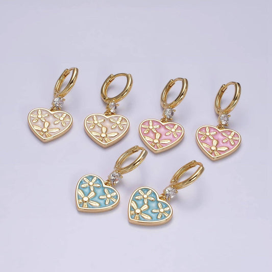 Enamel Triple Flower Cubic Zirconia Heart Earrings