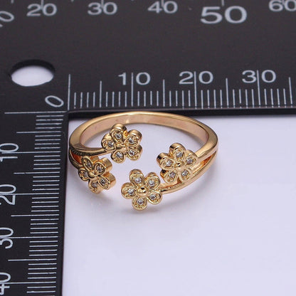 16K Gold Filled Multiple Daisy Flower Clear CZ Open Adjustable Ring