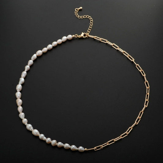 18k Gold Filled Freshwater Pearl Half Chain and Paper Clip Necklace